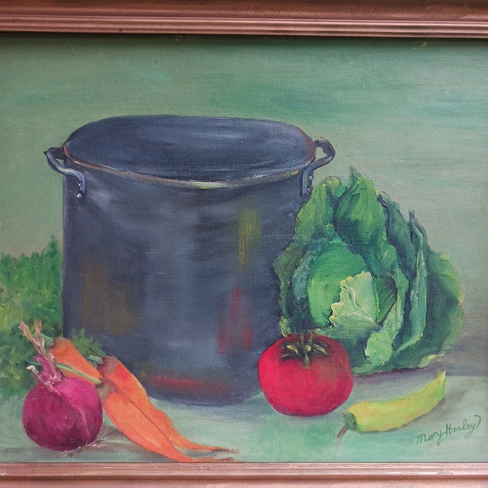 Vintage Naive Still Life Kitchen Painting Framed 23x19